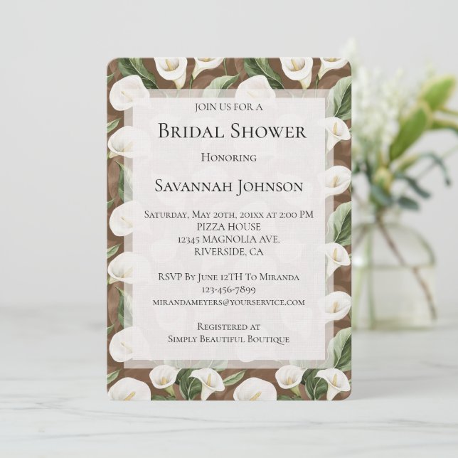 Brown White Calla Lily Floral Brautparty Einladung (Stehend Vorderseite)