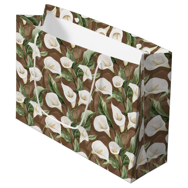 Brown White Calla Lily Floral Brautparty Große Geschenktüte (Vorderseite Schrägansicht)