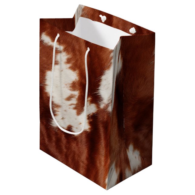 Brown White Cowhid Mittlere Geschenktüte (Vorderseite Schrägansicht)