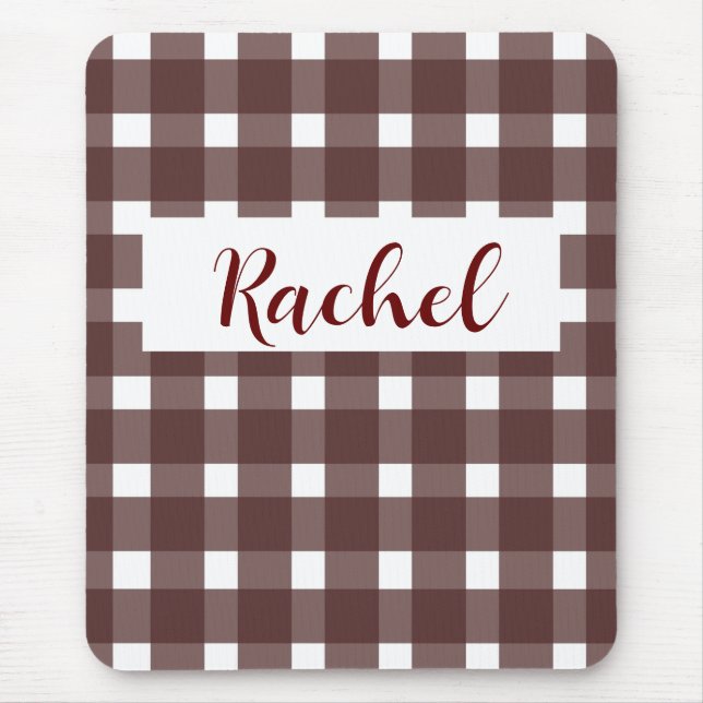 Brown White Gingham Personalisiert Mousepad (Vorne)