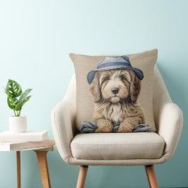 BROWN & WHITE SHAGGY HUND MIT BLAUEM HUT KISSEN