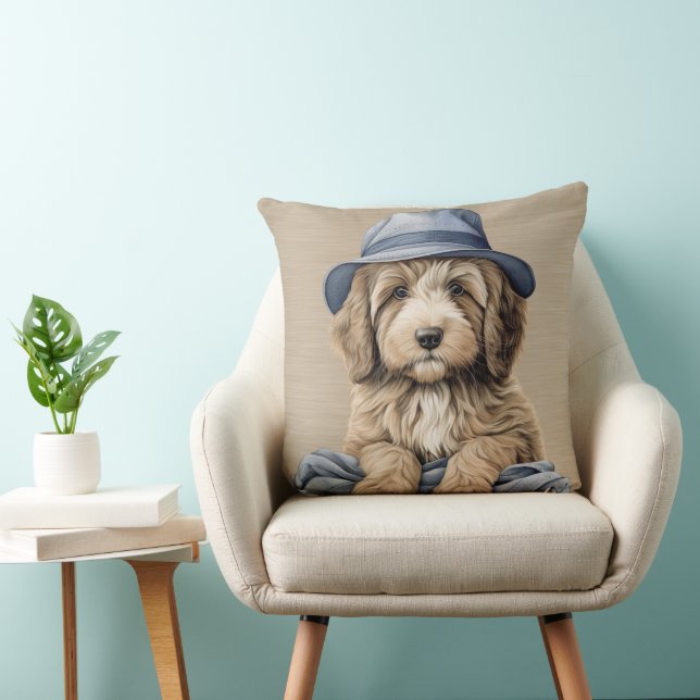 BROWN & WHITE SHAGGY HUND MIT BLAUEM HUT KISSEN (Stuhl )