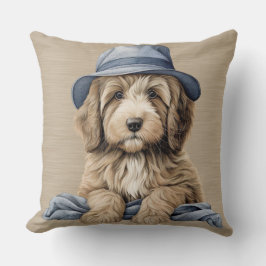 BROWN & WHITE SHAGGY HUND MIT BLAUEM HUT KISSEN