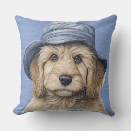 BROWN & WHITE SHAGGY HUND MIT BLAUEM HUT KISSEN