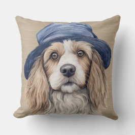 BROWN & WHITE SHAGGY HUND MIT BLAUEM HUT KISSEN