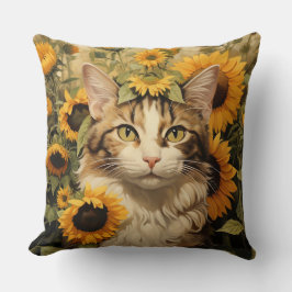 BROWN & WHITE TABBY CAT MIT HÜBSCHEN SONNENBLUMEN KISSEN