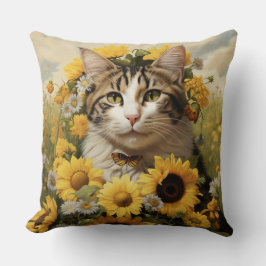 BROWN & WHITE TABBY CAT MIT HÜBSCHEN SONNENBLUMEN KISSEN