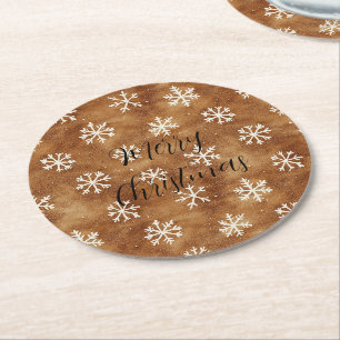 Brown White Winter Snowflakes Weihnachten Runder Pappuntersetzer