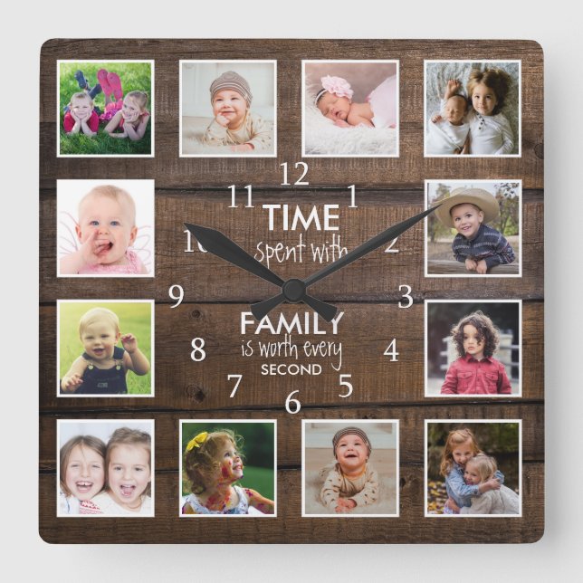 Brown Wood 12 Foto Template Time Quote Quadratische Wanduhr (Vorderseite)