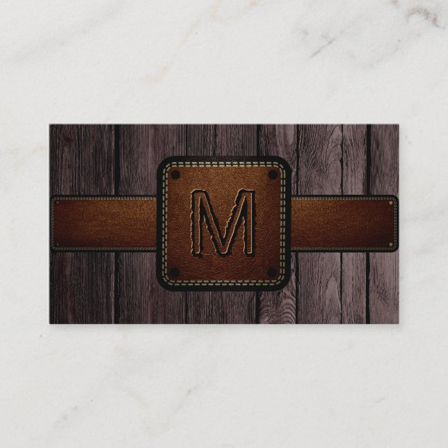Brown Wood Brown Leather Look Monogram Visitenkarte (Vorderseite)