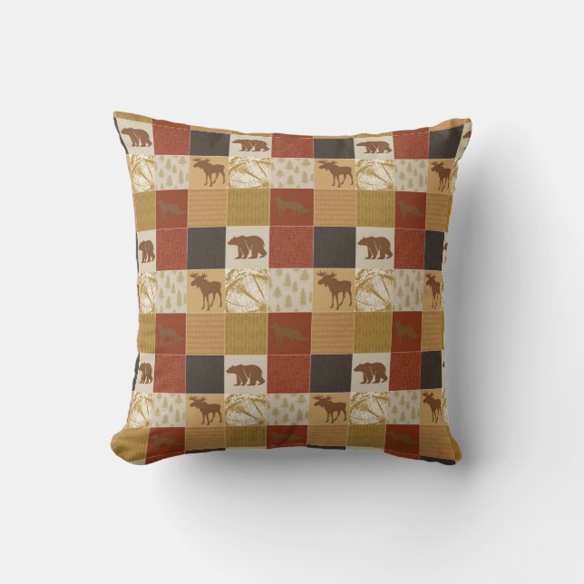 Brown Woodland Bears Patchwork Moose Fox Wildlife Kissen (Vorderseite)