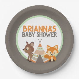 Brown Woodland Camper Teepee Fox Babydusche Pappteller