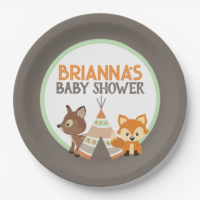 Brown Woodland Camper Teepee Fox Babydusche Pappteller (Vorderseite)