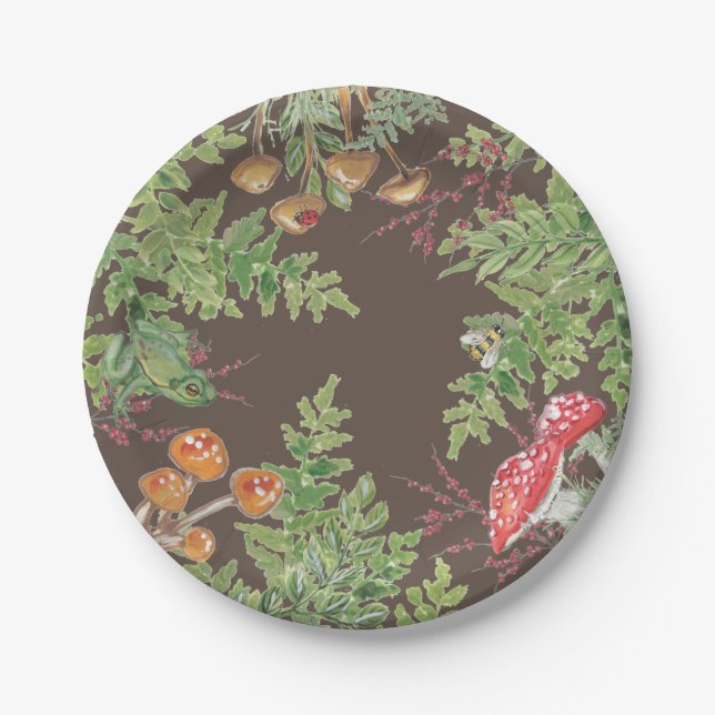 Brown Woodland Frog Bee Mushroom Rustic Picnic Pappteller (Vorderseite)