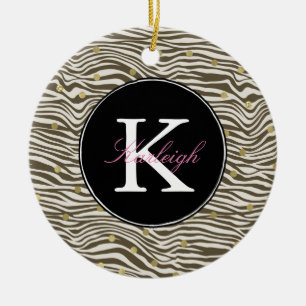 Brown Zebra Print Gold Confetti Monogram Keramik Ornament