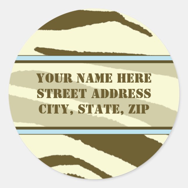 Brown Zebra Print mit Baby Blue Address Labels Runder Aufkleber (Vorderseite)