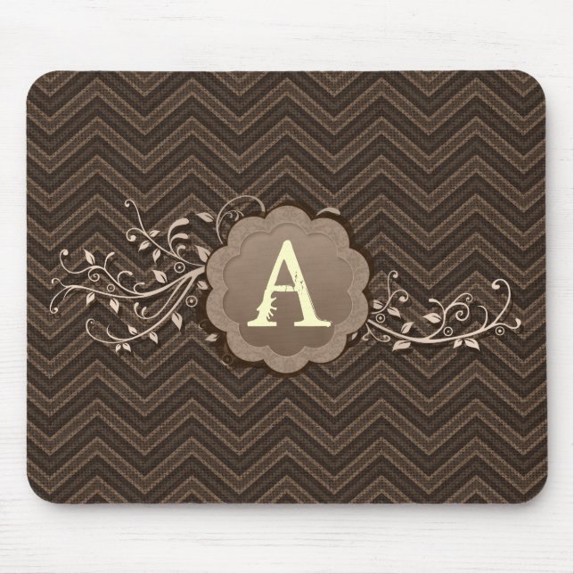 Brown Zickzack auf Leinwand mit Monogramm Mousepad (Vorne)