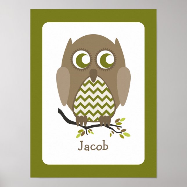Brown Zickzack Owl Personalisiert Kinderzimmer Art Poster (Vorne)