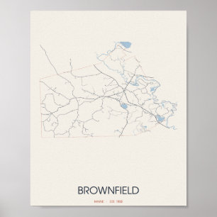 Brownfield, Maine-Straßenkarte Poster – Gegr. 1802