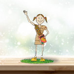 Brownie Girl Scouting | BRÜNETT Fotoskulptur Ornament<br><div class="desc">Niedlich,  brünett,  braun in Ponytails mit brauner Uniform und Sash,  roter Kekskasten,  stehend im Grasschwingen.</div>