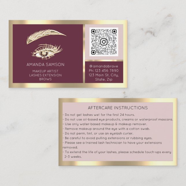 Brows Eyelash Microblade Qr Code Aftercare Rose Visitenkarte (Vorne/Hinten)
