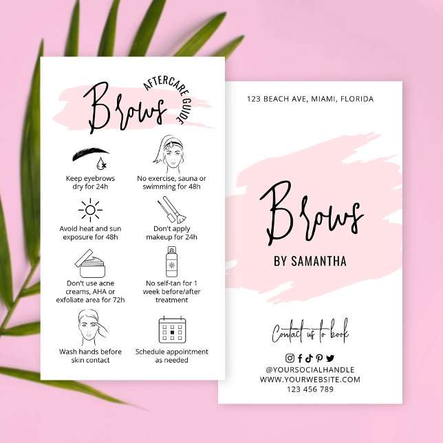 Brows Microblading Aftercare Pink Watercolor PMU Visitenkarte (Trendy and chic fully editable watercolor design eyebrows aftercare business cards)