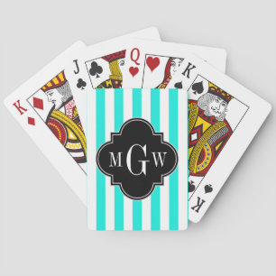 Brt Aqua Whit Stripe Black Quatrefolie 3 Monogramm Spielkarten