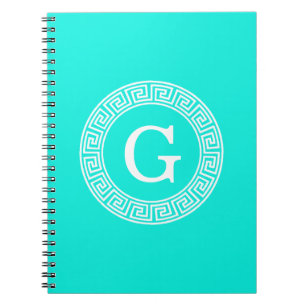 Brt Aqua Wht Griechisch Key Rnd Frame Initial Mono Notizblock
