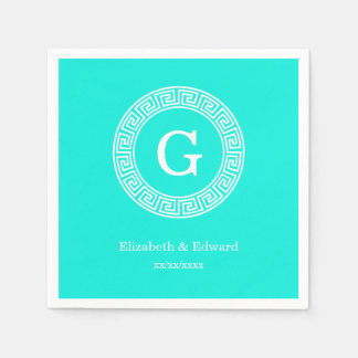 Brt Aqua Wht Griechisch Key Rnd Frame Initial Mono Serviette