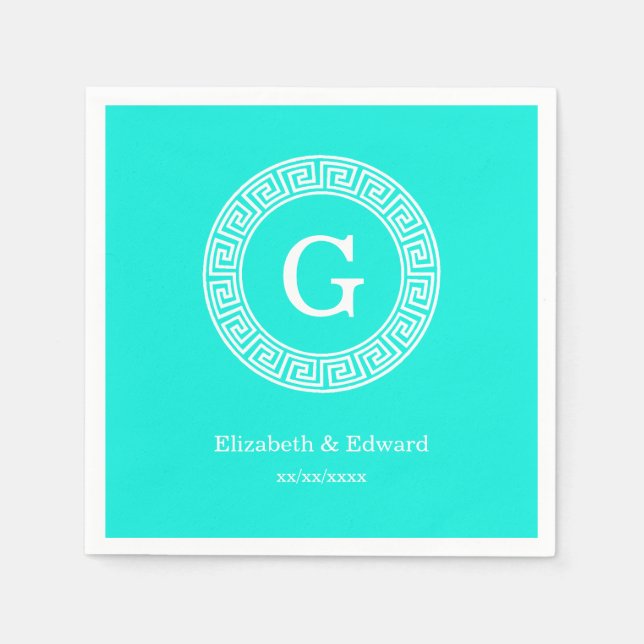 Brt Aqua Wht Griechisch Key Rnd Frame Initial Mono Serviette (Vorderseite)