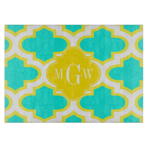 Brt Aqua Yellow Wht Quatrefolie 3 Initialmonogramm Schneidebrett