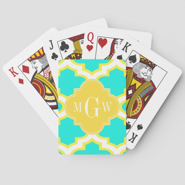 Brt Aqua Yellow Wht Quatrefolie 3 Initialmonogramm Spielkarten (Rückseite)