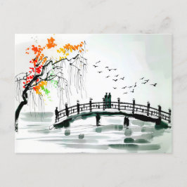 Brücke am Teich im ruhigen Garten Postkarte