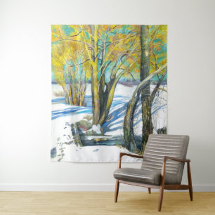 Brücke im Winter Aquarell Wandteppich