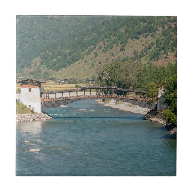 Brücke nach Punakha Dzong in Bhutan Fliese (Vorderseite)