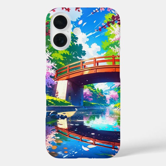 Brücke über Blüten - Lebhafter Zeitalter Frühling iPhone 16 Hülle (Rückseite)