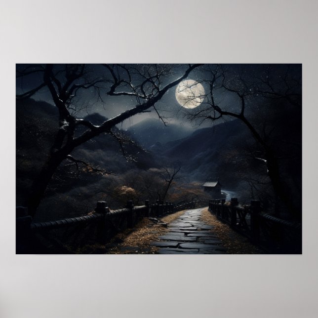 Brücke und kurvenreiche Landschaft Mondlicht Poster (Vorne)