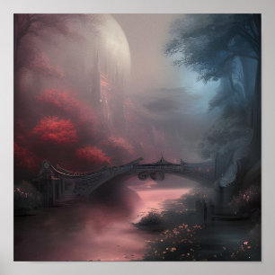 Brücke und Schloss in einer dunklen nebligen Nacht Poster