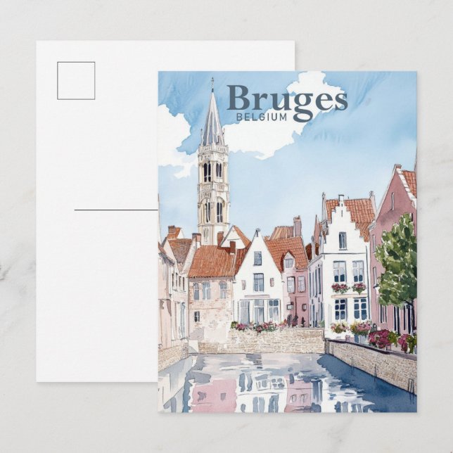 Bruges Belgium Aquarellmalerei Postkarte (Vorne/Hinten)