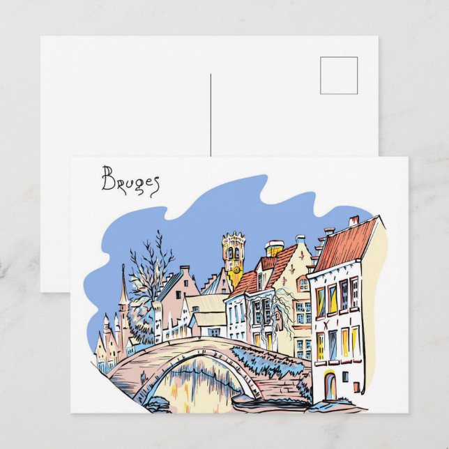Bruges Canal Belgium Illustration Travel Postkarte (Vorne/Hinten)