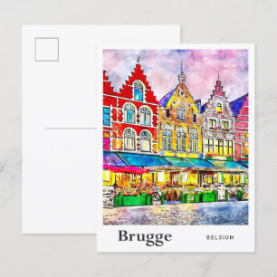 Brugge Belgium Reisen Wasserfarbenhandzeichnung Postkarte