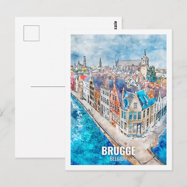 Brugge Belgium Travel Place Watercolor Postkarte (Vorne/Hinten)