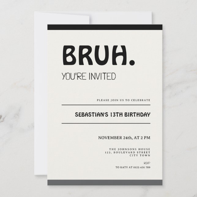 Bruh 13th Birthday Invitation Teens Boy Party Einladung (Vorderseite)