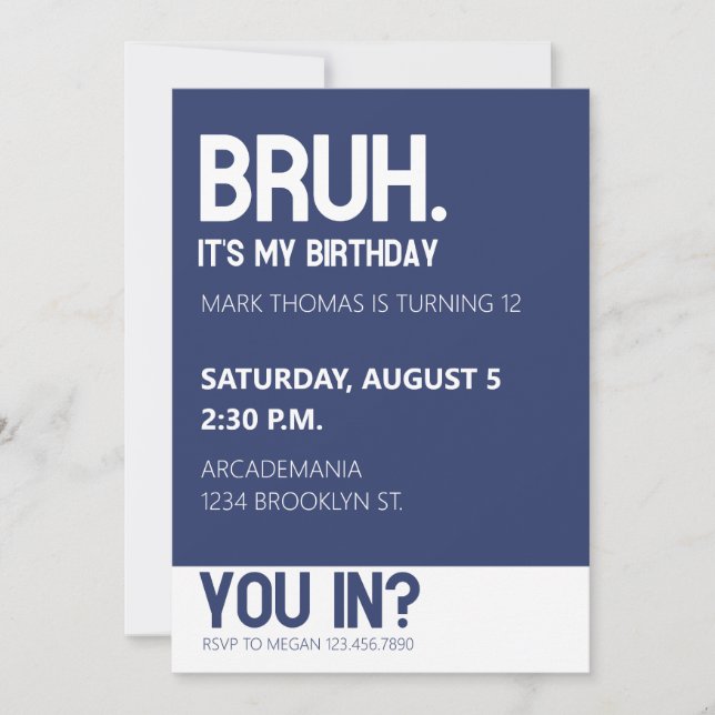 BRUH BIRTHDAY PARTY TEEN BOY BLUE Minimalistisch Einladung (Vorderseite)