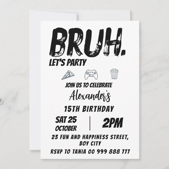 Bruh Birthday Teenager Geburtstag, Teen Boy Party Einladung (Vorderseite)