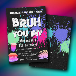 Bruh Boy's Birthday Neon Graffiti Teenager Burgers Einladung