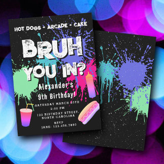 Bruh Boys Birthday Neon Graffiti Teenager Hot Dogs Einladung