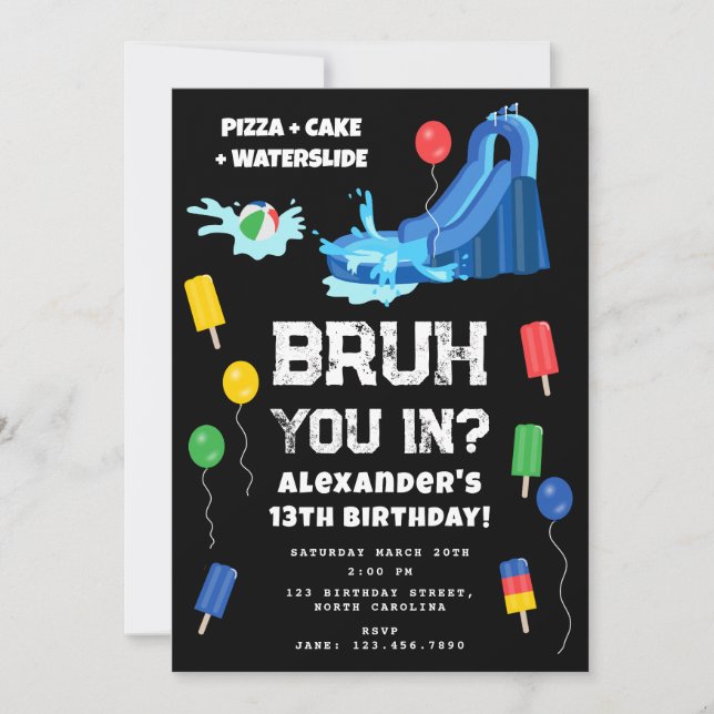 Bruh Boy's Birthday Party Teenager Waterslide Einladung (Vorderseite)
