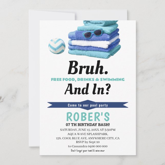 BRUH Boys Blue Pool Party Anniversaire Invitation (Devant)