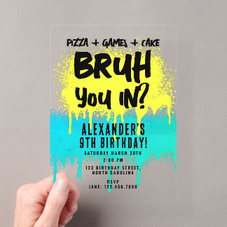 Bruh Boys Geburtstagsneon Graffiti Yellow Aquamari Acryleinladungen
